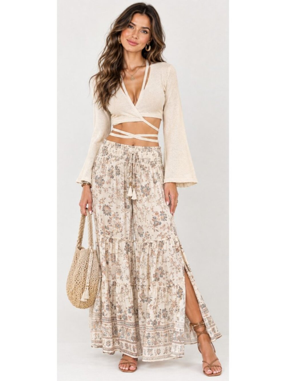 Cult Gaia Natural Long Bell Sleeve Heather Knit Tie Front Wrap Crop Top